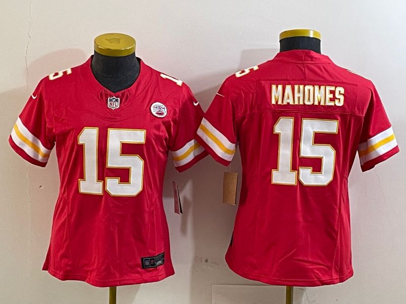 Youth Kansas City Chiefs 15 Mahomes Red three generations 2025 Nike Vapor Limited NFL Jersey style 1